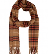 The classic Burberry London check scarf gets a cool-hue makeover with this orange accented cashmere iteration - Classic check, easy to style length, fringed ends - Style with a cashmere pullover, skinny jeans, a parka, and ankle boots