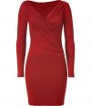 Add bold style to your cocktail-ready look in this draped silk dress from Plein Sud - Draped faux wrap V-neck, long sleeves, asymmetrical drape, fitted silhouette, mini length - Style with statement heels and a leather clutch