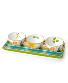 Pairing bold blossoms and festive stripes, the Floral Stripe 4-piece server from Clay Art serves dips, spreads or snacks with a double dose of color and style, all in dishwasher-safe earthenware. (Clearance)