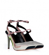 With their edgy pointed toe and modern mash-up of fabric and mixed leathers, Jil Sanders multicolored pumps lend a fashion-forward finish to any outfit - Pointed toe, slingback with pull, double buckled ankle straps, neon accented paneling across arch on sole, matte grey heel - Wear as an eye-catching finish to modern-minimalist looks