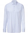 Elegant dress shirt in fine, pure cotton - Elegant pale blue pin stripe - Classic button down style with small collar and long, cuffed sleeves - Modern silhouette is lean and streamlined - Discreet red logo embroidery detail - A polished classic in any wardrobe ideal for both work and play - Dress up with a suit, or go for a more casual look with slim denim and a blazer or leather jacket