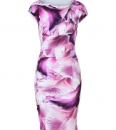 With its vivid dewy orchid print and radiant purple coloring, Roberto Cavallis ruched seam sheath is an ultra romantic take on the iconic Cavalli look - Asymmetrical neckline with textural gold-toned brooch detail, dolman capped sleeves, curved ruched side seam, pull-over style - Form-fitting - Wear with metallic pumps and a bright leather clutch