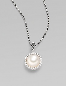 From the Cable Pearl Wrap Collection. A pretty pearl pendant surrounded by radiant pavé diamonds, dangles on a box chain with classy elegance. 10½mm white freshwater pearl Diamonds, 0.24 tcw Sterling silver Chain length, about 17 Lobster clasp Imported