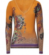 Blossom into new season sophistication in Etros bright curry-multi floral print silk-cashmere pullover - V-neckline, long sleeves, contrast trim, slim fit - Pair with tailored trousers and just as bright accessories