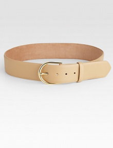 Ultra-smooth nubuck leather cinches the waist with a shiny goldtone brass buckle.Width, about 2Made in the USA