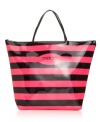 Stunning in stripes, we can't get enough of this high-shine Macy's bag. This spacious design features a neon and black contrast pattern with a convenient zip top closure.