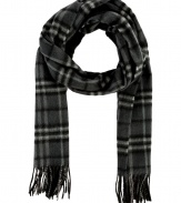 Finish your look on an iconic note with Burberry Londons check scarf, detailed in brushed cashmere for luxuriously cozy results - Fringing at both ends - Wear inside over bright knit sweaters, or outdoors over classic coats with leather gloves