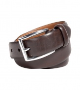 Add a polished finishing touch to your ensemble with Ralph Laurens elegantly understated brown leather belt - Medium-width style, in a smooth, supple genuine cowhide - Rectangular silver buckle and fastening - Classically cool, perfect for pairing with everything from pullover and jeans or cords to button downs, blazers and suit trousers