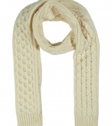 Homespun charm goes high fashion with this easy-to-style chunky cable knit wool scarf from cult-favorite accessory label Maison Martin Margiela  - Cable knit pattern wool scarf with ribbed hem - Pair with an elevated jeans-and-tee ensemble, a leather jacket, and platform booties