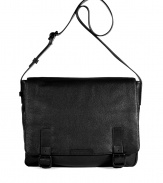 The perfectly cool finish to busy daytime looks, Marc by Marc Jacobs black leather messenger bag is a sleek choice for business and beyond - Adjustable shoulder strap, double buckled front straps with metal push closures, snapped back pocket, inside zippered and slot pockets, key clip - Sling across sporty winter coats, or wear over your shoulder with sharply tailored suits