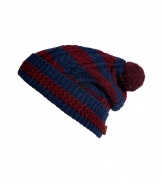 Inject an edge of old-school cool into your winter look with Burberry Londons striped pom-pom beanie - Cranberry pom-pom, ribbed brim, leather logo tag - Wear with puffy down jackets or sleek tailored pea coats