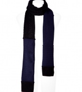 Stylish black and blue knit scarf - Stay warm and look cool in this wool-alpaca-blend scarf - Cool color blocking patchwork detail and easy to style neutral color palate - Try with jeans, a pullover, and a motorcycle jacket for a classic look