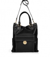 Luxe bag in supple, pure black leather - A modern spin on the classic shopper - Two small top handles and one adjustable, crossbody strap - Oversize, exterior flap pocket and two open side pockets - Gold hardware and elegant white stitching - Canvas-lined interior with large, zip pocket - Spacious, stylish and ultra-practical, carry in-hand or wear across the shoulder - Made in Italy