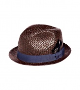 Stylish chocolate woven straw hat - A modern spin on the classic Trilby - Chic feather embellishment - Navy grosgrain band - An elegant, go-to accessory this season and an indispensable warm weather must