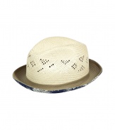 Stylish sand woven straw hat - A modern spin on the classic Trilby - Chic contrast canvas brim - Navy and white floral underside trim - An elegant, go-to accessory this season and an indispensable warm weather must