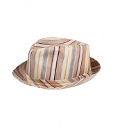 Elegant hat in fine, patterned silk and linen blend - A chic spin on the classic Trilby style - Vibrant coral and cream stripe motif - Moderately large brim ideal for keeping the sun at bay - An eye-catching, go-to warm weather accessory - Pair with everything from a t-shirt and chinos to a button down and Bermudas