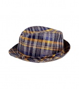 Elegant hat in fine, patterned silk and linen blend - A chic spin on the classic Trilby style - Vibrant indigo blue and sunflower yellow check motif - Moderately large brim ideal for keeping the sun at bay - An eye-catching, go-to warm weather accessory - Pair with everything from a t-shirt and chinos to a button down and Bermudas