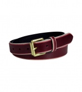 Stylish belt in supple, scream-tipped bordeaux leather - Gold-tone, single prong rectangular buckle - Classic, medium-width style - Elegant and on-trend, adds polish to any number of looks - Pair with jeans, chinos or dressier shorts