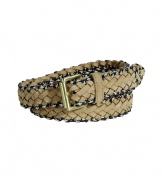 Stylish belt in supple, woven sand suede - Tipped in navy and cream cotton for a chic contrast - Gold-tone, single prong rectangular buckle - Classic, medium-width style - Sporty and on-trend, adds casual polish to any number of looks - Pair with jeans, chinos or dressier shorts