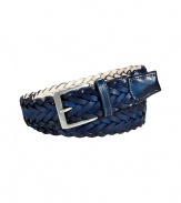 Casual cool is a cinch with Paul Smiths rich blue belt - Supple plaited leather and classic silver-tone square buckle - Contrast cream inner - Versatile, medium width style ideal for any number of occasions - Pair with chinos, jeans or shorts