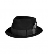 Finish your look on a dandy note with Paul Smiths black wool felted Trilby hat, complete with a jaunty feather and cool tonal grosgrain band - The perfect finishing touch to timeless-modern outerwear