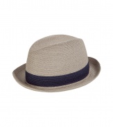 Stylish hat in fine, sand-colored woven viscose - A modern spin on the classic Trilby - Chic contrast navy trim - An elegant, go-to accessory this season and an indispensable warm weather must - Pair with button downs, t-shirts and Bermudas or linen pants