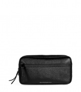 Stay stylish on the go with Burberry Londons textured leather washbag - Allover textural black leather, zippered front pocket with metal logo detail, zippered top, gunmetal-toned hardware, inside zippered back wall pocket, two elasticized front wall pockets - Stash into chic luggage or athletic duffles for trips to the gym