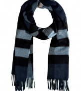 Give your look that cool modern edge with Burberry Londons dark blue checked scarf, detailed in brushed cashmere for luxuriously cozy results - Fringing at both ends - Wear inside over bright knit sweaters, or outdoors over sleek leather jackets