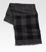 A modern cool check design is printed on this rich wool blend scarf with allover fringe trim.Fringed ends28W x 72LViscose/wool/polyamide/modal/cottonDry cleanMade in Italy