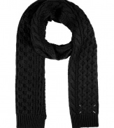 Homespun charm goes high fashion with this easy-to-style chunky cable knit wool scarf from cult-favorite accessory label Maison Martin Margiela  - Cable knit pattern wool scarf with ribbed hem - Pair with an elevated jeans-and-tee ensemble, a leather jacket, and platform booties