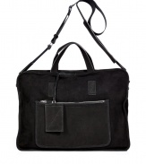 Detailed in jet black suede for that sleek urbane look, Marc by Marc Jacobs structured briefcase is a cool way to tote around your workweek essentials - Flat double top handles, removable adjustable nylon shoulder strap, luggage tag attached to handle, zippered front patch pocket, top zip closure - A manageable size perfect for carrying everyday