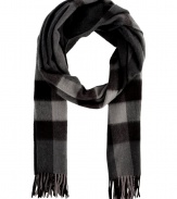 Give your look that cool modern edge with Burberry Londons dark charcoal checked scarf, detailed in brushed cashmere for luxuriously cozy results - Fringing at both ends - Wear inside over bright knit sweaters, or outdoors over sleek leather jackets