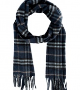 Finish your look on an iconic note with Burberry Londons check scarf, detailed in brushed cashmere for luxuriously cozy results - Fringing at both ends - Wear inside over bright knit sweaters, or outdoors over classic coats with leather gloves