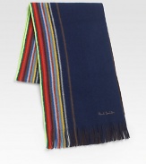 Reversible and multi-striped winter essential impeccably knitted in fine wool.Fringed ends10W x 71LWoolDry cleanImported