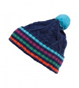 Top off your cold weather look with this stripe-detailed wool cap from Paul Smith - Wide striped band, cable knit patter, top pompom detail - Pair with jeans, a cashmere pullover, a parka, and boots