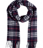 Wrap yourself up in classic style with this luxe cashmere check scarf from Burberry London - Easy to style length, allover classic check print, fringed edges - Style with slim trousers, a cashmere pullover, a sleek trench, and ankle boots