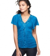 Lacy trim elevates Cha Cha Vente's classic flutter sleeve top. Ruching adds seductive appeal!