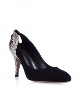 Luxurious pumps in fine black leather - Mega elegant and sophisticated - With a rounded toe and sturdy 9 cm (3.5) heel - Stylish snake print on the heel - Sides cut wide, your foot looks small and slender - A hit with a business suit, jeans, wide flared pants, a cocktail dress