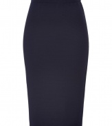 Quietly elegant and effortlessly cool, Jil Sanders navy wool skirt ups the ante on ladylike luxe - Classically slim, high-waisted pencil cut - In a soft, medium-weight virgin wool  - Knee-length style slips on - Polished and preppy chic, ideal for pairing with a slim-cut blouse or a button down and long cardigan or pullover