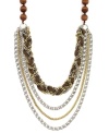 Four times the fun. BCBGeneration's ultra-chic multi-layer necklace features four rows of wooden beads and brown braided cotton mixed with silver and gold tone mixed metal. Approximate length: 17 inches. Approximate drop: 6-1/2 inches.