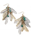 Feathery and fab. Ali Khan's gold tone mixed metal earrings feature clusters of metal feathers with semi-precious turquoise chip accents. Approximate drop: 2-1/2 inches.