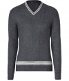 Work a contemporary edge into your chic knitwear collection with Marc by Marc Jacobs varsity-style silk-cashmere pullover - V-neckline, long sleeves, fine ribbed trim - Modern slim, straight fit - Pair with everything from jeans and tees to blazers and boots