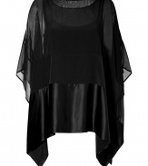 Make a dramatic cocktail hour debut in DKNYs ethereal black silk/satin paneled poncho - Wide neckline, cut-out shoulders, open sides, sheer top, stretch silk panel, satin hemline, black tank top lining - Oversized draped fit - Wear over slim-fitting separates with shimmering statement jewelry