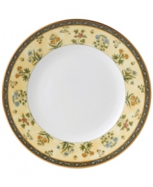 In 18th century England, Josiah Wedgwood, creator of the world famous Wedgwood ceramic ware, established a tradition of outstanding craftsmanship and artistry which continues today. The exotic India dinnerware pattern presents a pattern of exquisitely detailed, diminutive florals on a yellow and deep blue band against pure white bone china.