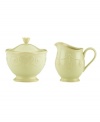 With fanciful beading and a feminine edge, this Lenox French Perle sugar and creamer set has an irresistibly old-fashioned sensibility. Hardwearing stoneware is dishwasher safe and, in a soft pistachio hue with antiqued trim, a graceful addition to any meal. Qualifies for Rebate