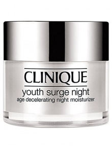 Youth Surge Night Age Decelerating Night Moisturizer. Building on Sirtuin technology, Clinique science uses youth-extending agents to create a nightly moisturizer that helps intensify the nightly cycle of natural repair. Plumped with natural collagen, lines and wrinkles appear to evaporate. Skin gains that energized 8-hour effect come morning.For Combination Oily to Oily Skins 1.7 oz. 