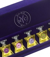 A quintet of Bond No. 9 favorites, these eau de parfum miniatures (ideal for travel) stand at the ready in their transparent bottles, secured in their velvet jewel box. This is the ideal gift for the frequent flyer who rotates her travel scents from trip to trip. Scents: Bleecker Street, Chinatown, The Scent of Peace, Madison Square Park and Central Park West. 0.17 oz. each. Made in USA. 