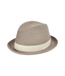 Stylish hat in fine, sand-colored woven viscose - A modern spin on the classic Trilby - Chic contrast cream trim - An elegant, go-to accessory this season and an indispensable warm weather must - Pair with button downs, t-shirts and Bermudas or linen pants