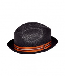 Stylish dark chocolate mens woven paper hat - A modern spin on the classic Trilby - Chic contrast cotton brim - Elegant striped grosgrain band in shades of orange, red and cream - A slick, go-to accessory this season and indispensable warm weather must