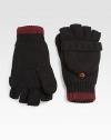 Knit flip-top mitten with leather button fastener.About 9 long70% wool/30% acrylicDry cleanImported